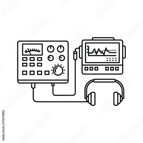 Outline icon of audio equipment with oscilloscope and headphones