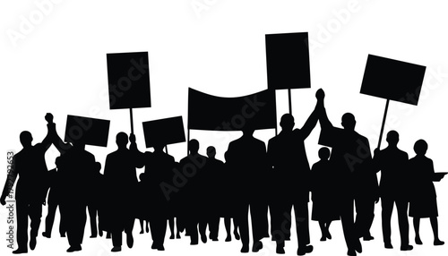 Crowd protesting for human rights with signs and raised fists silhouette
