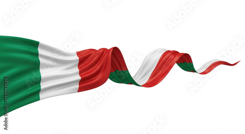 The fluttering ribbon of the Italian flag symbolizes Italy, patriotism, and national pride. The fabric texture features a smooth flow of green, white, and red.