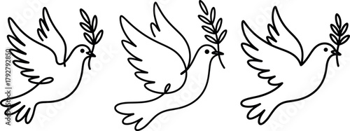 Elegant Peace Dove Outline Illustration Set with Olive Branch in Minimal Line Art Styl