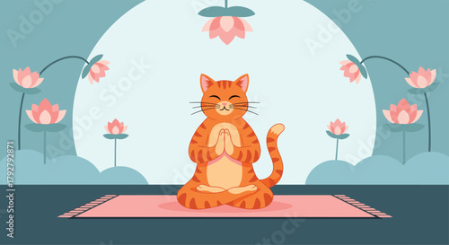 A cute orange tabby cat meditating peacefully on a yoga mat surrounded by lotus flowers.