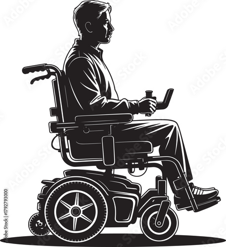 Person in motorized wheelchair side profile vector illustration design element
