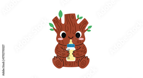 This adorable little tree character is enjoying a bottle of milk.