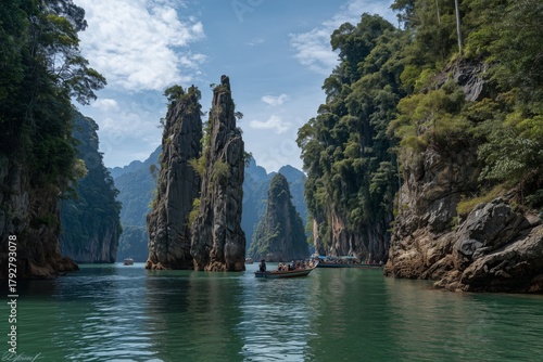 Stunning Limestone Cliffs and Clear Waters in a Serene Bay Surrounded by Lush...
