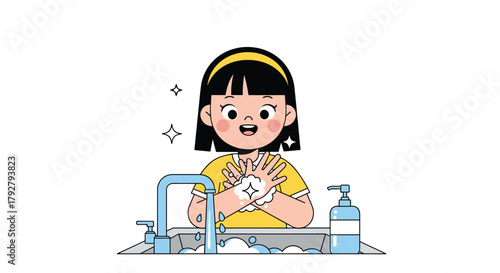 A happy girl washing her hands with soap and water in the sink with sparkles around her hands to show cleanliness.