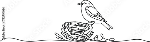 Bird sitting on a nest, one continuous line drawing. Nature, home, and wildlife concept