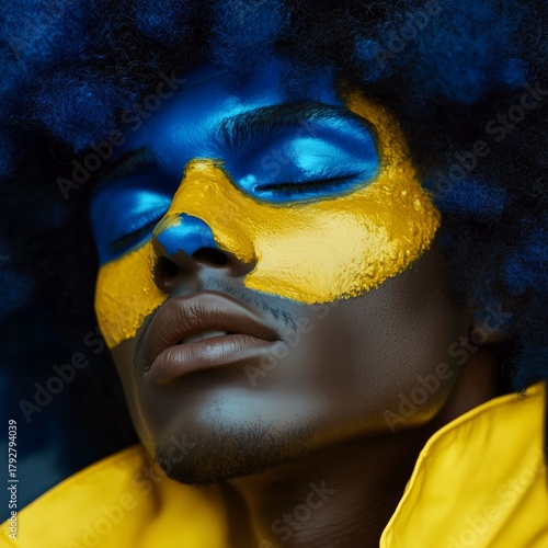 Creative Makeup Art Showcasing Blue and Yellow Colors on a Model With Texture...