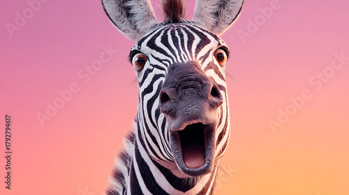Surprised zebra with wide eyes and open mouth against colorful sky animal wildlife