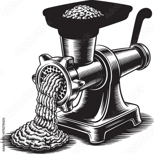 Vintage Meat Grinder Illustration Black and White Food Preparation Device