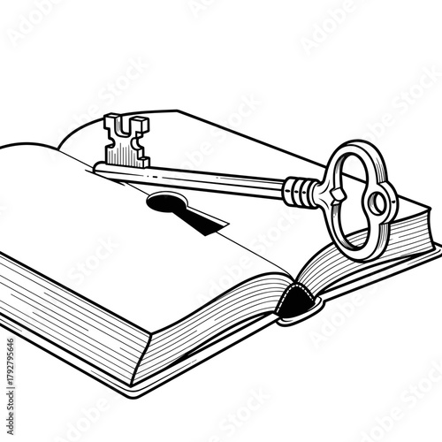 vintage skeleton key resting on an open hardcover book line art drawing for educational content, presentations, mystery blogs, website banners, literature analysis, and knowledge discovery concepts