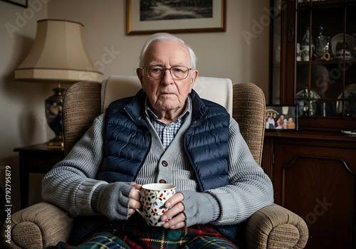 Thoughtful elderly gentleman with glasses holding a warm mug of tea while relaxing in a cozy armchair, conveying comfort and reflection