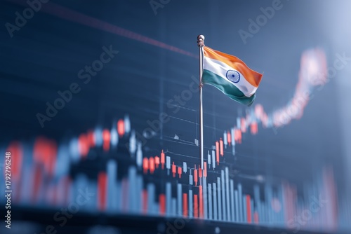 Indian Flag Waving in Front of Stock Market Graphics Representing Economic Tr...
