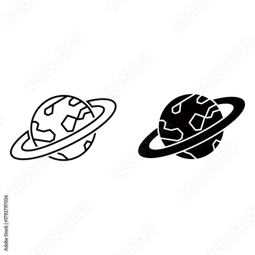 Two saturn planet icons, one in outline style and one in solid style