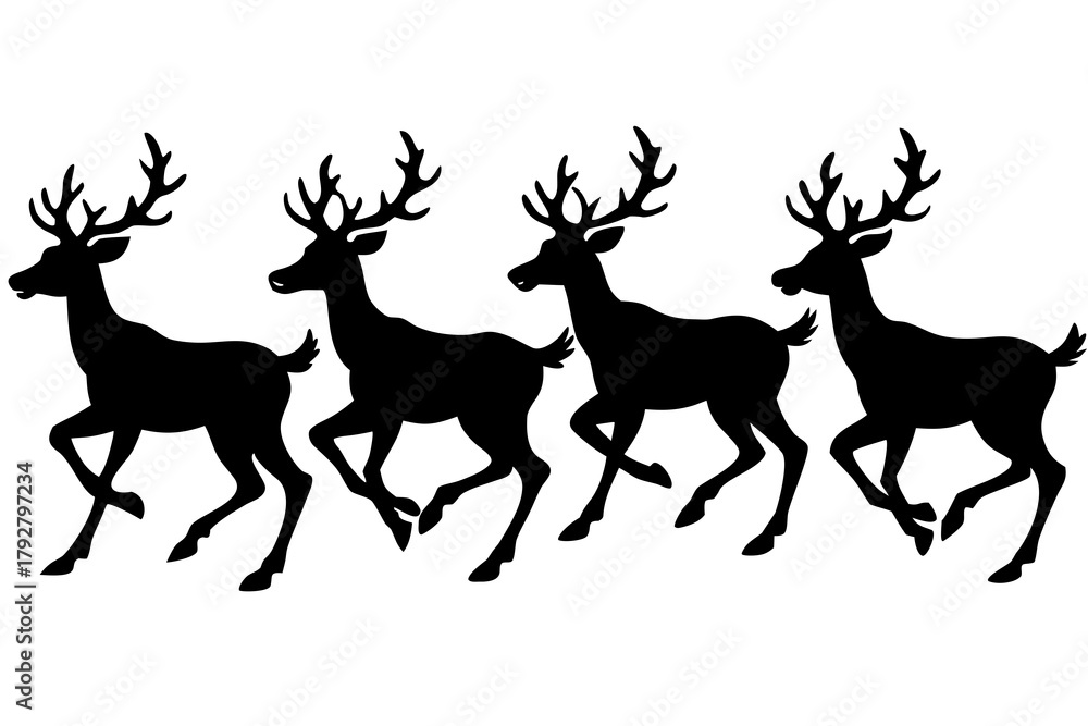 Fototapeta premium Reindeer running pack silhouette vector illustration 