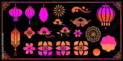 Collection of traditional chinese decorative elements lanterns flowers clouds and ornaments in gradient colors