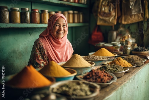 Woman Smiling at Colorful Spice Display in Market During Daylight.