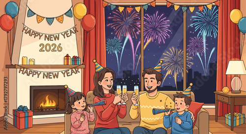 Happy New Year 2026 Celebration with Family and Fireworks
