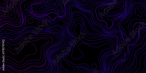 Abstract flowing topographic lines in vibrant purple and blue on a dark black background