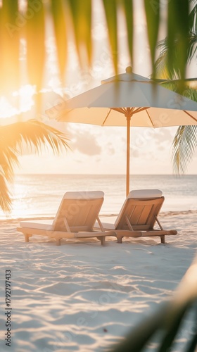 Relaxing Beach Chairs Under an Umbrella at Sunset Near the Ocean Shoreline