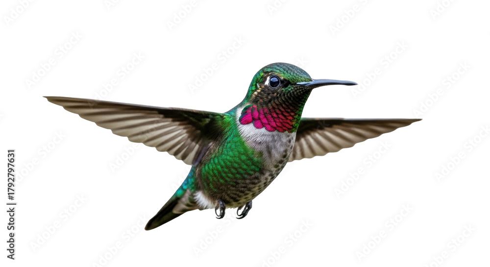 Fototapeta premium Isolated Anna's hummingbird with iridescent gorget, full spread wings, and no background