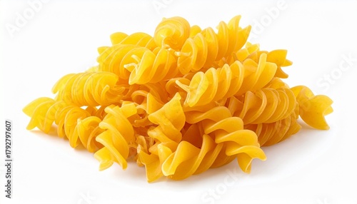 A pile of uncooked yellow fusilli pasta with spiral shapes, displayed on a clean white surface.
