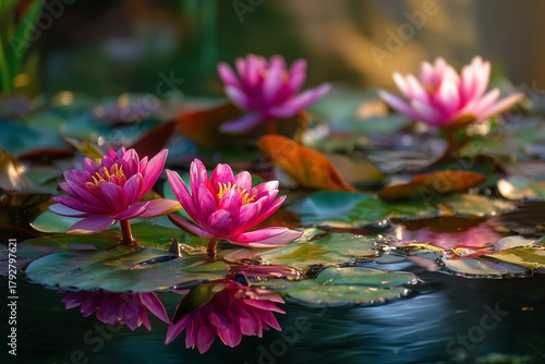 Vibrant Pink Lotus Flowers Bloom on Calm Water Surrounded by Lush Green Leave...