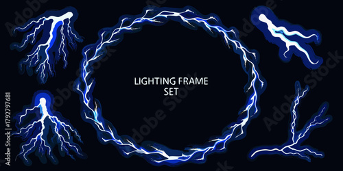 Set of electric lightning bolt frames and elements in blue and white on a dark background