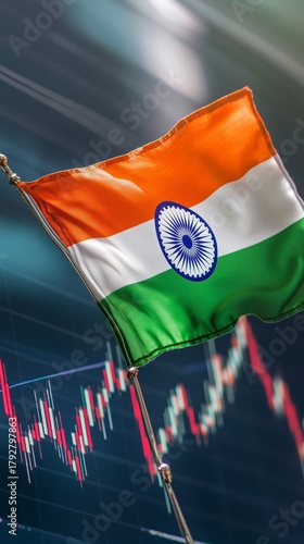 Indian Flag Waving in Front of a Stock Market Screen Showing Fluctuating Grap...
