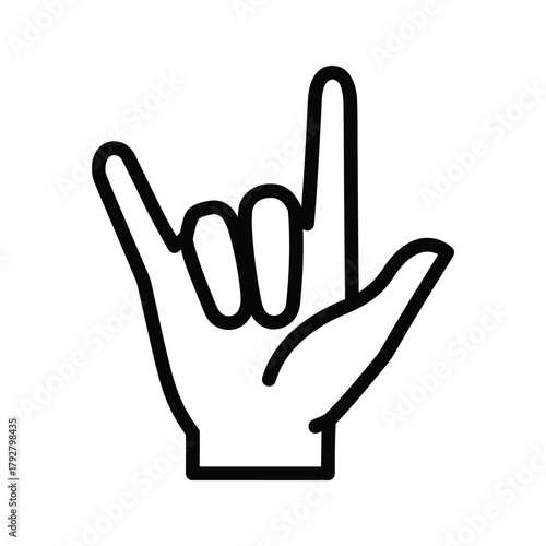 Black and white outline icon of a hand making the rock on gesture