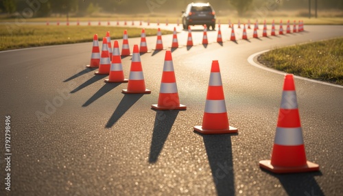 Car maneuvering through an outdoor obstacle course formed by many orange traffic cones on an asphalt road during a driving lesson, creating long shadows in the late afternoon sun