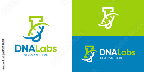 Creative simple DNA labs logo template. Lab glassware with DNA for Science logo design vector illustration.