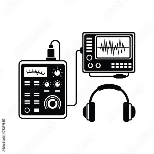 Audio testing equipment with oscilloscope and headphones