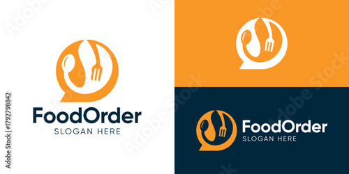 Creative simple food order logo template. Fork spoon leaf with bubble chat symbol for online food logo design vector illustration.