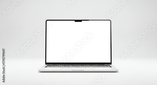 Frontal view of a modern laptop with a blank white screen on a minimalist white background studio shot