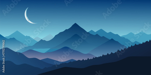 Mountain layers at night with a crescent moon landscape