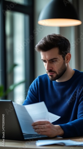 Young Man Reviewing Documents While Working on Laptop in Modern Indoor Workspace