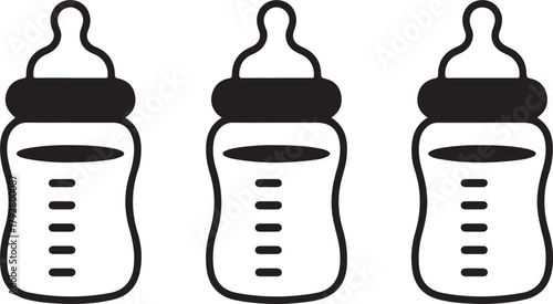 Baby bottle icon set with clean outline design and measurement markings
