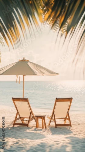 Beach Chairs Under a Blue Umbrella With a Sunset View Over the Calm Sea.