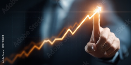 Business Professional Touching Rising Graph Symbolizing Growth in Office Setting