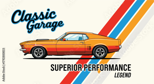 Illustration of a vibrant orange classic car, a symbol of superior performance and legendary status, is showcased against a clean, white backdrop, epitomizing automotive excellence