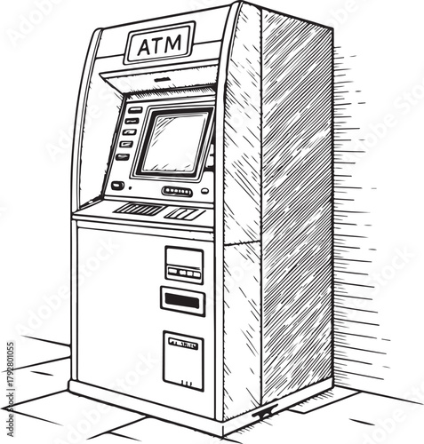 ATM, Cash Withdrawal, Stock Market Finances Bank Economy, Hand-drawn Sketch Drawing Vector Illustration, Line Linear Symbol Engraving Coloring Book, Black and White Isolated