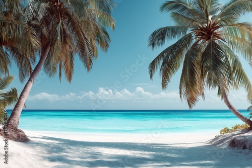 Beautiful Tropical Beach With Palm Trees and Clear Blue Water on a Sunny Day