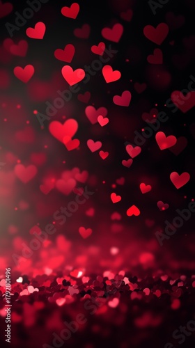 Red Hearts Float in a Dark Background Creating a Romantic Atmosphere for Cele...