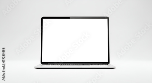 A minimalist shot of a modern laptop with a blank white screen on a white background in studio