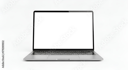A silver laptop with a blank white screen sits on a white surface against a white background studio shot
