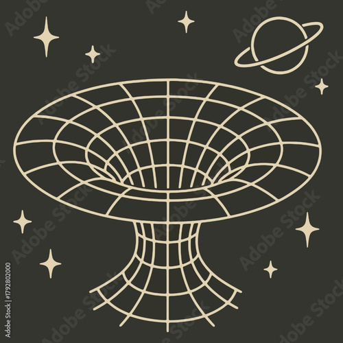 wireframe depiction of a wormhole surrounded by stars and a planet, representing space-time distortion and sci-fi cosmic travel concepts