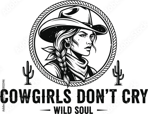 Illustration of a captivating cowgirl illustration, showcasing a strong woman with a wild soul, framed by a rope circle and cacti, perfect for western themes