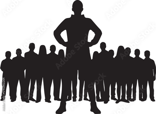 Silhouette of a determined leader standing tall above a crowd promoting human rights awareness