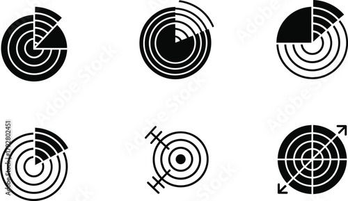 Set of six circular diagram icons representing data analysis and progress