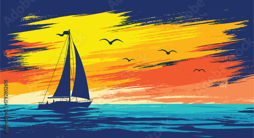 Illustration of a sailboat glides across the water at sunset, silhouetted against a vibrant sky painted with strokes of yellow, orange, and red, as birds fly above the horizon